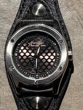 Harley-Davidson Women's Bulova Pink Lace Face Watch 76L163 Black Leather Band